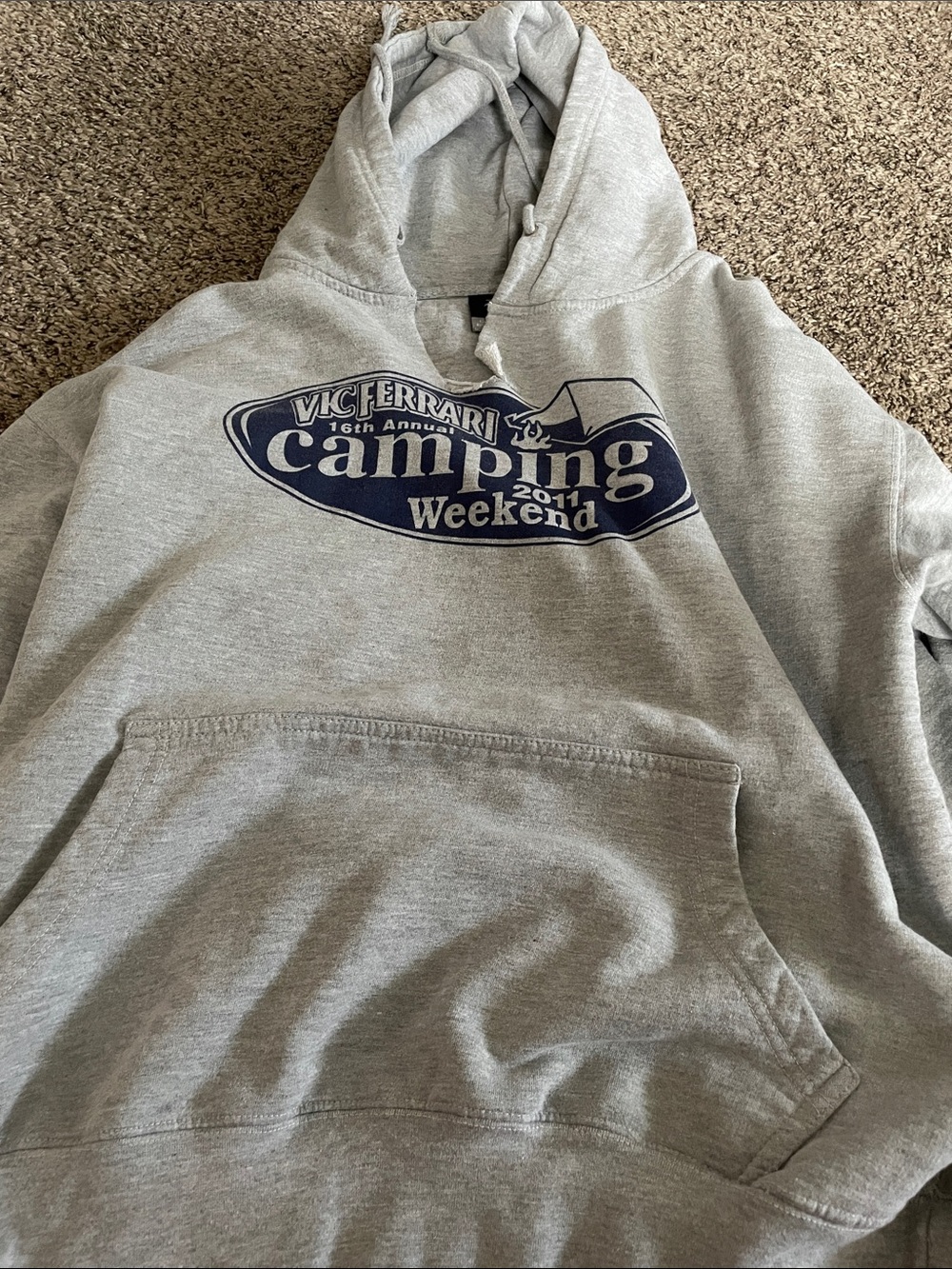 Gray Graphic Hoodie with Navy Camping Logo